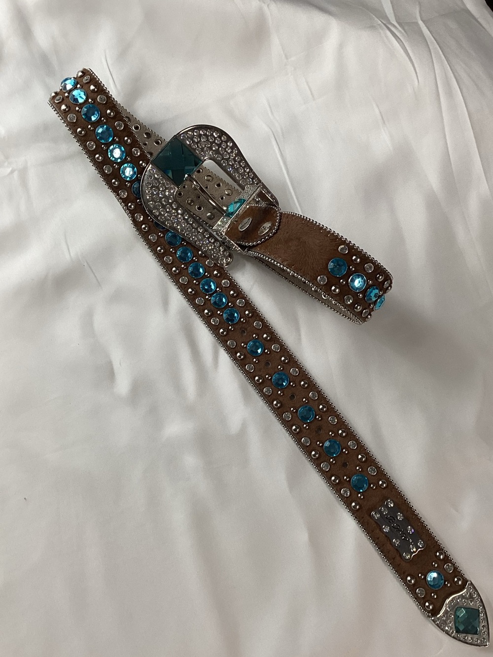 Brown Leather Western Belt with Turquoise Gem Accents
